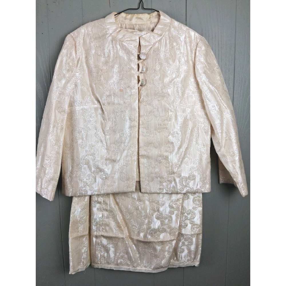 Vintage Mid Century Jaquard Skirt Jacket Set SMALL Iridescent Cream 3pc Flawed‎